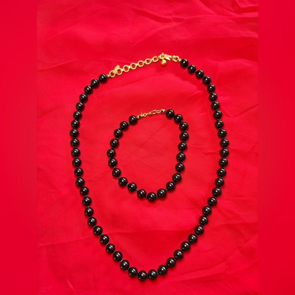 Vintage Monet Black Beaded Necklace and Bracelet Set Gold Tone